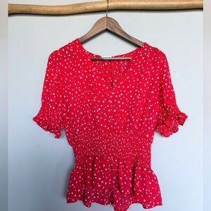 Sienna Sky Red Floral Peplum Blouse Smocked Button Front Top Size L